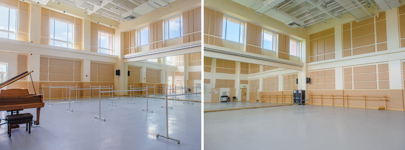 two photos of our robinson studio 115 with bright windows and ballet barres