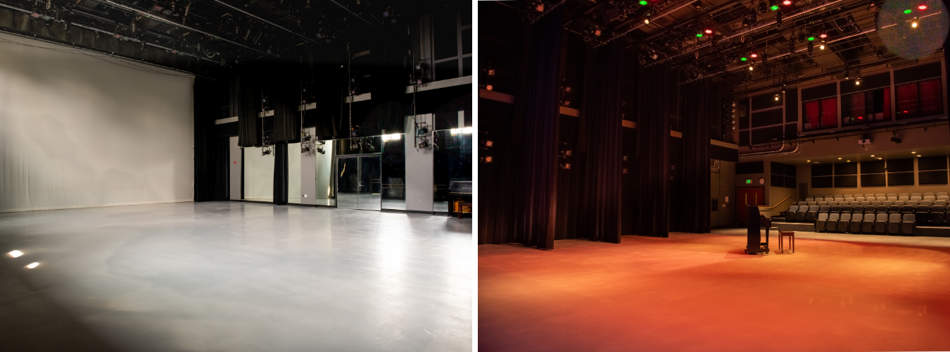 two views of our robinson hall studio, one as a practice space, one as a performance space