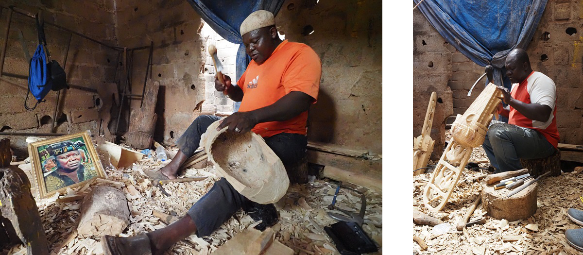 two photos of David Sanou carving in his workshop
