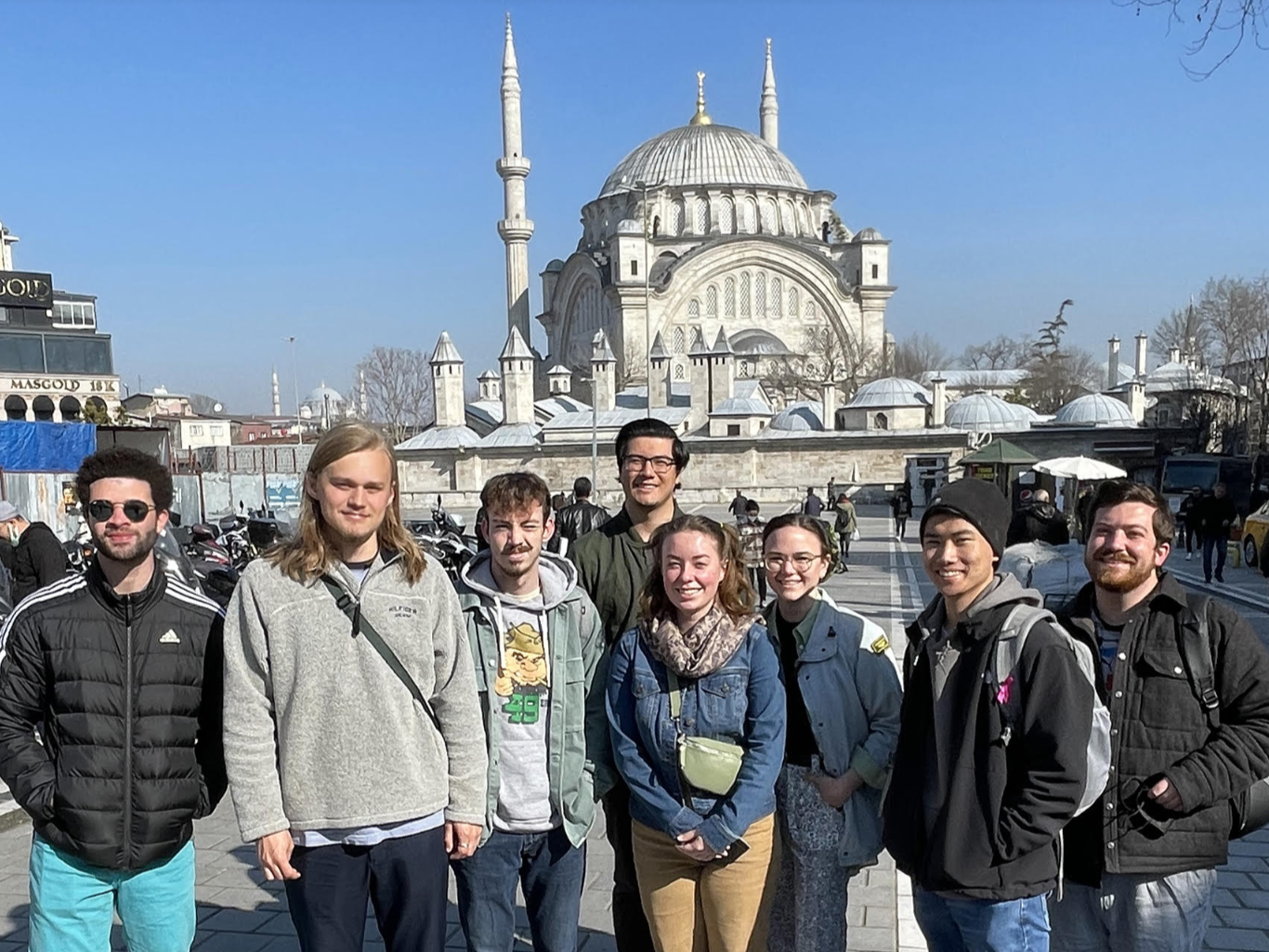 students in Istanbul in front of mosque